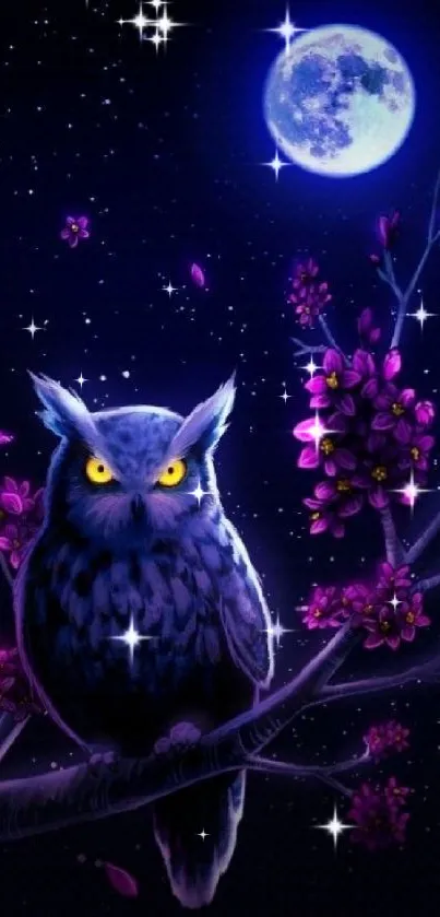 Mystical owl perched under a moonlit sky with vibrant purple flowers.