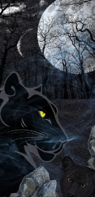 Panther in moonlit forest wallpaper with dark, mystical vibes.