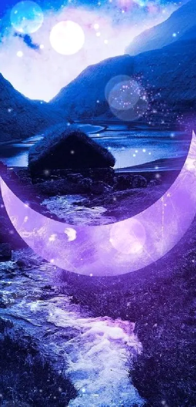 Mystical night wallpaper featuring a glowing purple crescent moon over a serene landscape.