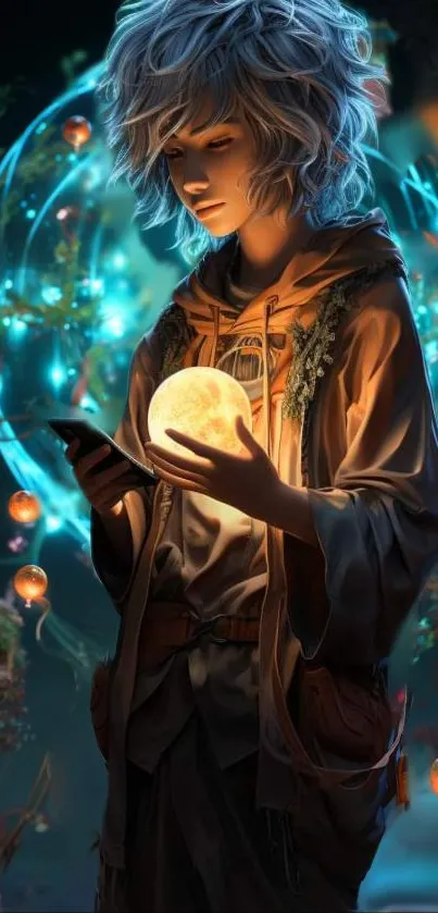 Fantasy illustration wallpaper with glowing sphere and mystical character.