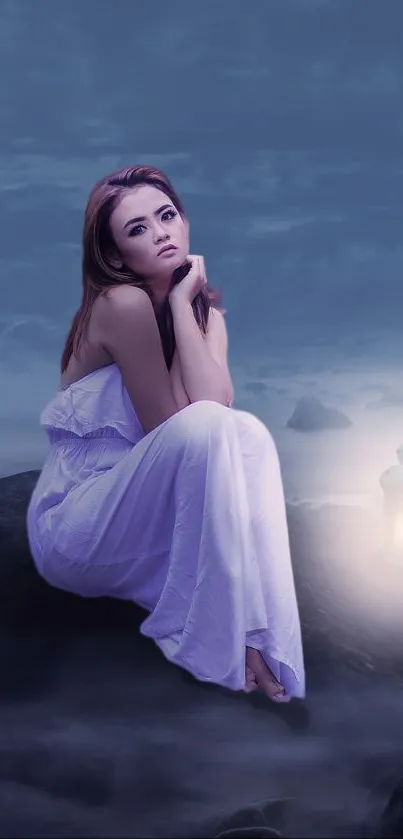 Woman in moonlit landscape with glowing lantern.