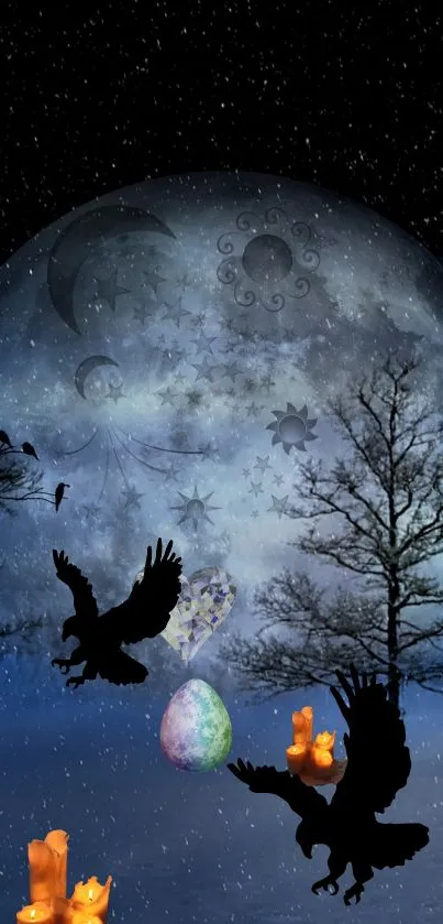 Mystical night wallpaper with moon, trees, birds, and glowing candles.