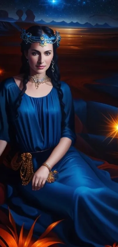 Enchanting night portrait in deep blue gown with mystical ambiance.