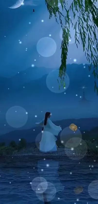 Mystical night scene with a serene figure by water, under a moonlit blue sky.