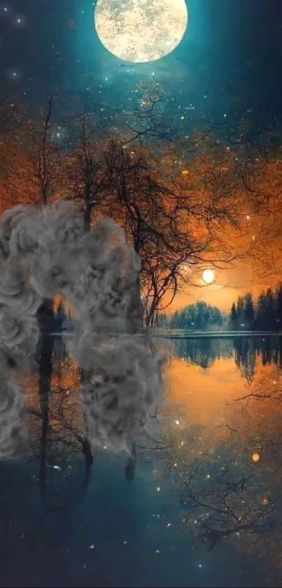 Mystical moonlit landscape with trees and lake reflection.