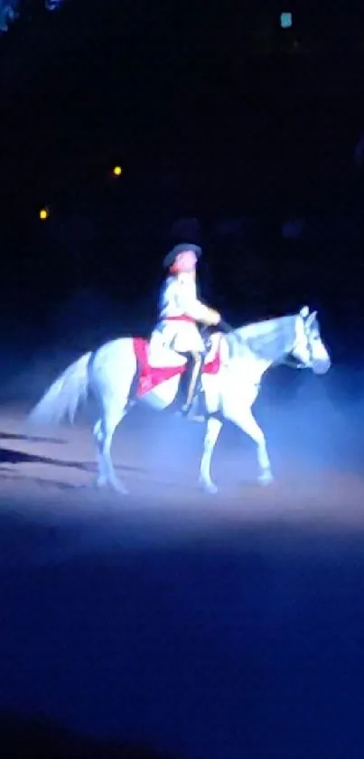 Lone rider on white horse under a mystical night sky.