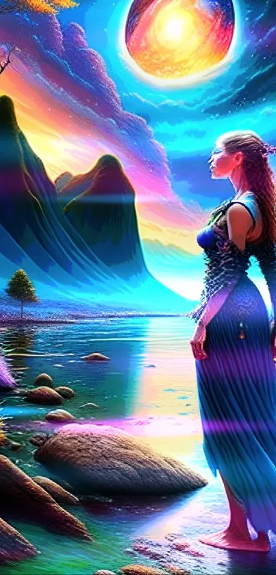 A woman stands by a mystical river under a vibrant night sky in fantasy art.