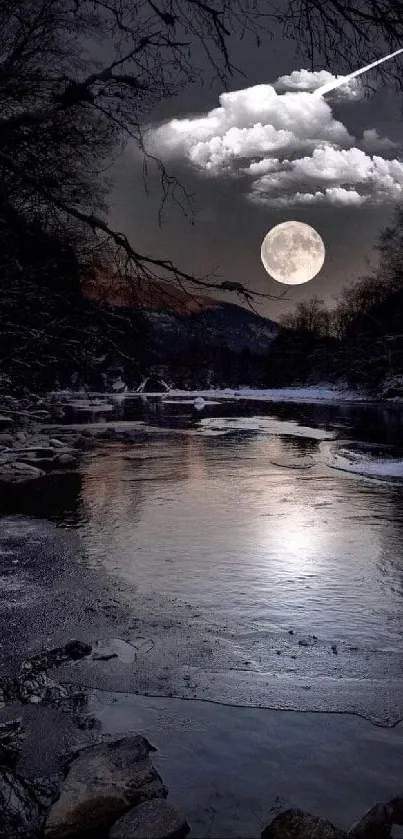 Full moon over river with clouds at night.