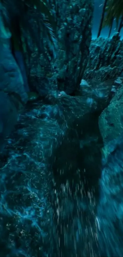 Mystical river under moonlit sky surrounded by rocks and trees.