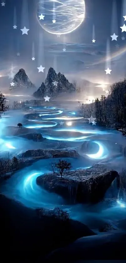 Wallpaper of a glowing river under a full moon in a mystical night setting.