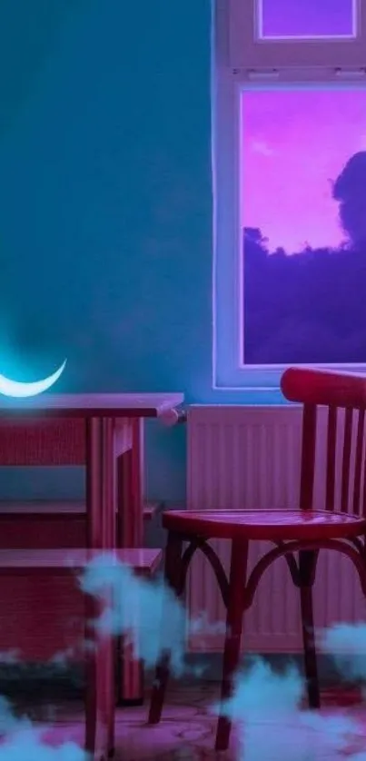 Mystical room wallpaper with glowing crescent and purple night sky.