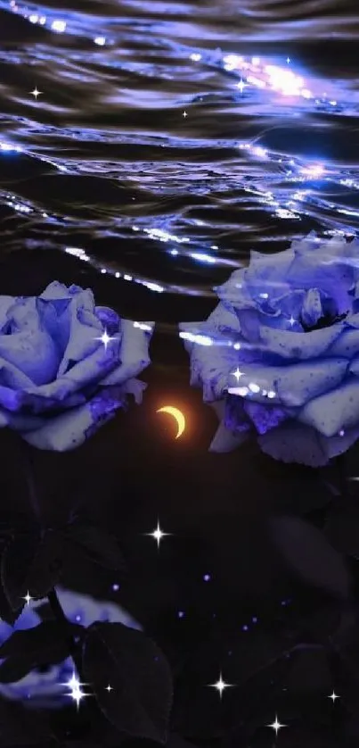 Luminescent blue roses under a starry sky with a crescent moon.