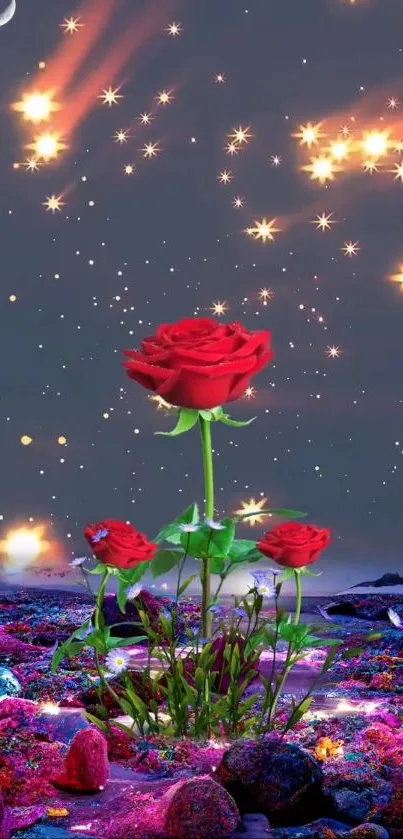 Mystical night sky with red roses and glowing stars.