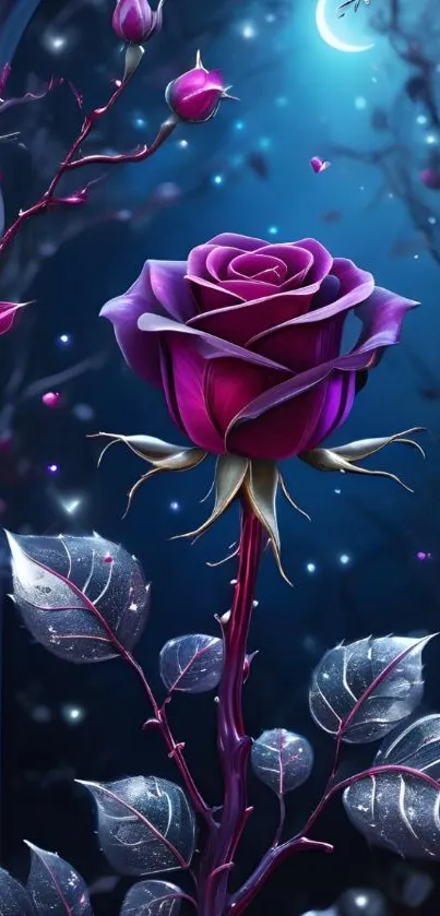 Vibrant violet rose under a starry night sky.