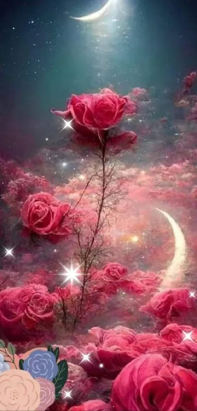 Mystical pink rose garden under crescent moon at night.