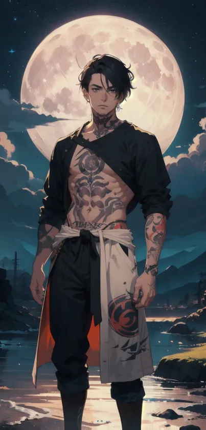 Samurai under a bright full moon with tattoos in mystical scenery.