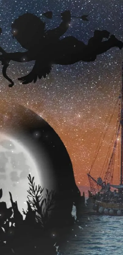 Mystical ship under a moonlit night sky with a whimsical silhouette.