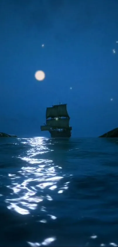 Ship sailing under a moonlit night sky on a calm, starlit sea.