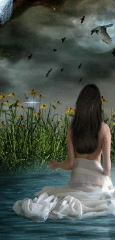 A mystical night wallpaper with a woman by a moonlit lake surrounded by nature.