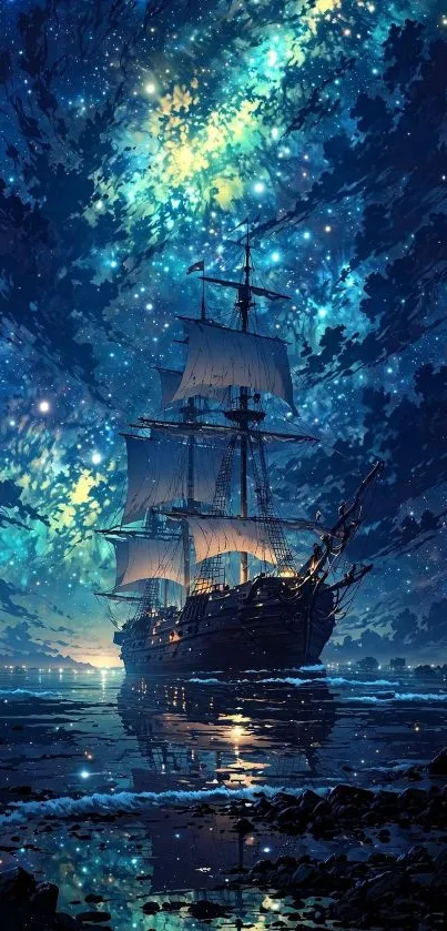 Ship under a vibrant starry night sky.