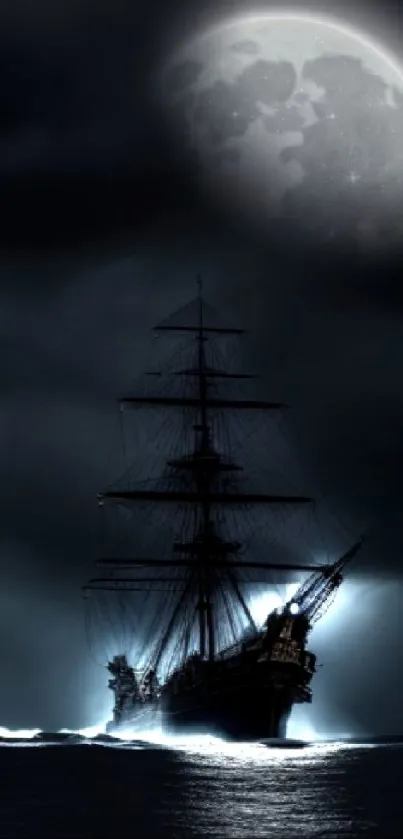 Mystical ship sailing under a moonlit sky with dark clouds.