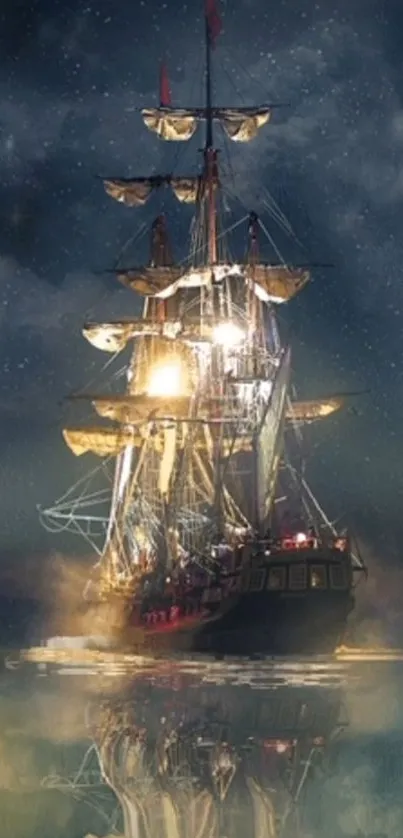 Mystical ship sailing under a starry night sky on a calm ocean, illuminating surroundings.