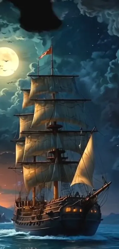 A majestic ship sailing under a full moon in a cloudy night sky.