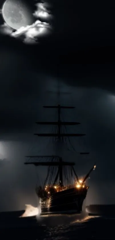 A ship sails under a bright moon on a dark, stormy night, with glowing lights.