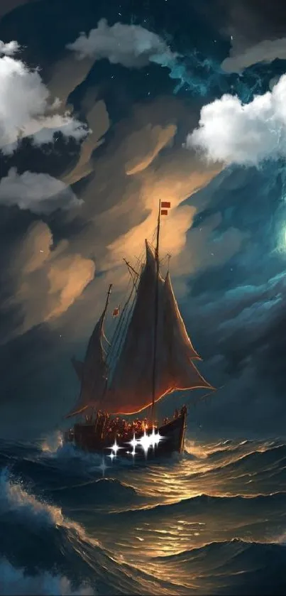 Ship sailing at night under a moonlit sky with dark clouds.