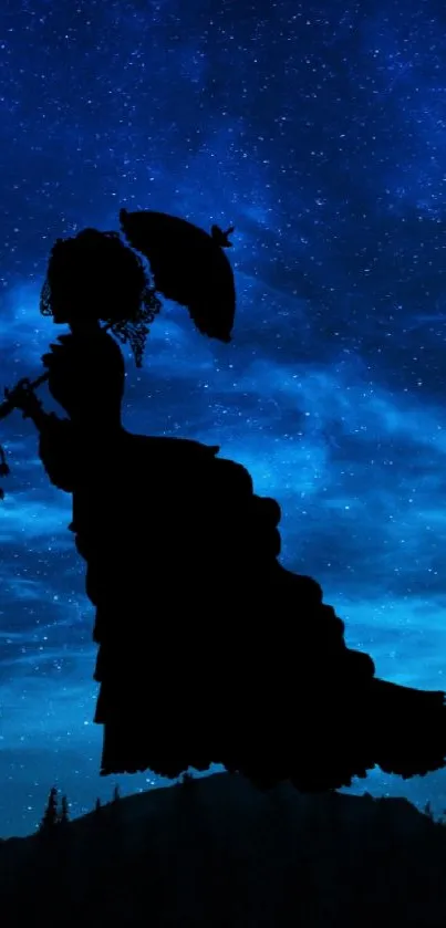 Silhouette of woman under a starry night sky.