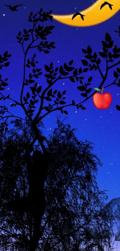 Silhouette tree under a starry night sky with crescent moon and apple.