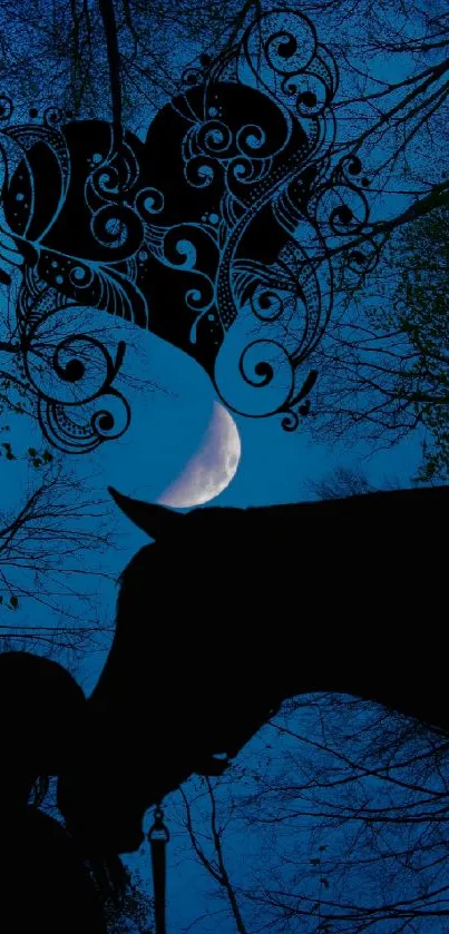 Silhouette of horse and rider under moonlit, mystical forest sky.