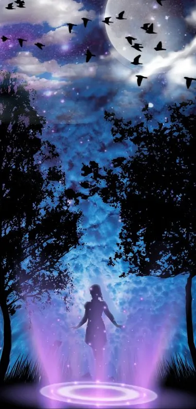 Mystical silhouette art with purple and blue night sky, moon, and trees.