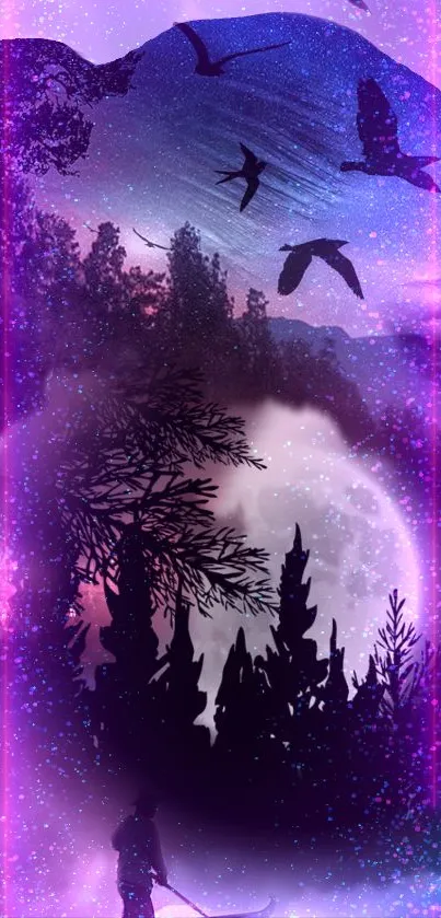 Mystical night silhouette with forest and birds in purple hues.