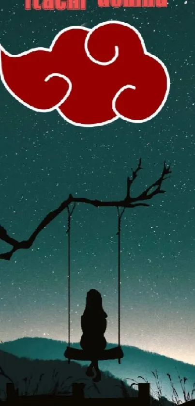 Silhouette of girl on swing under starry night with red cloud.