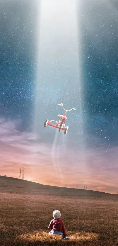 Child under starry sky with tricycle floating in a beam of light.