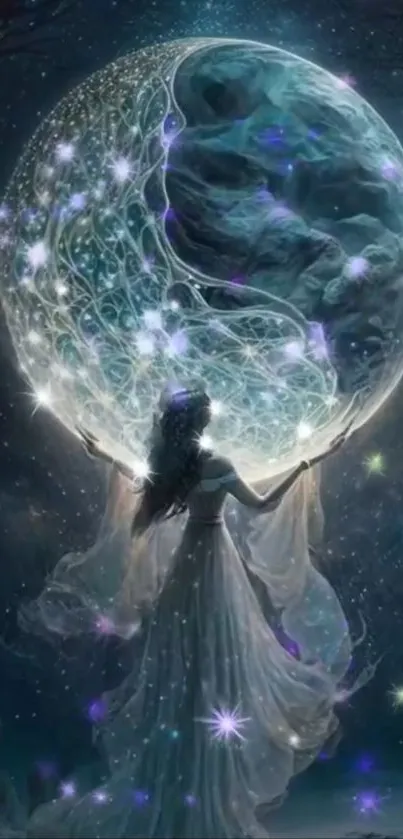 A mystical night sky painting with a figure holding a luminous orb.