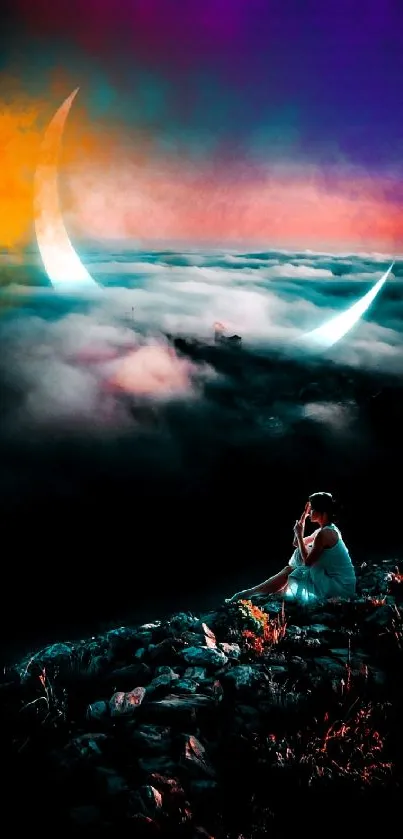 Vibrant night sky with crescent moon over clouds.