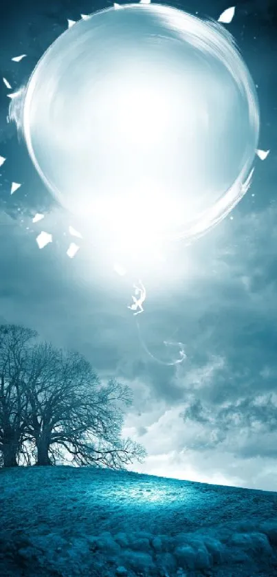 Ethereal glowing orb in dark night sky over a solitary tree.