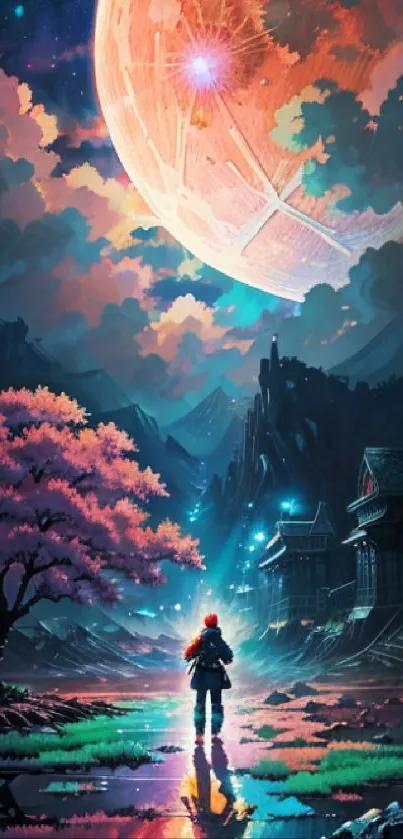 Fantasy art of night sky with lone figure under orange moon.