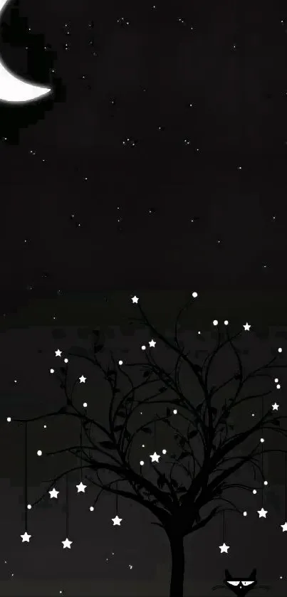 Crescent moon and starry night with silhouetted tree artwork.