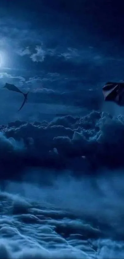 Mystical night sky with dragons flying past clouds and a crescent moon.