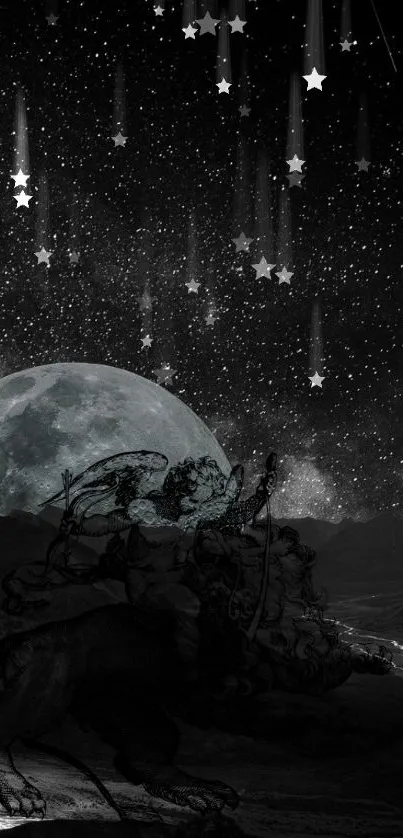 Mystical night sky with stars and moon in dark fantasy art style.