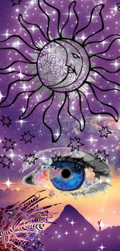 Mystical cosmic wallpaper with starry sky, celestial sun, and vibrant eye.