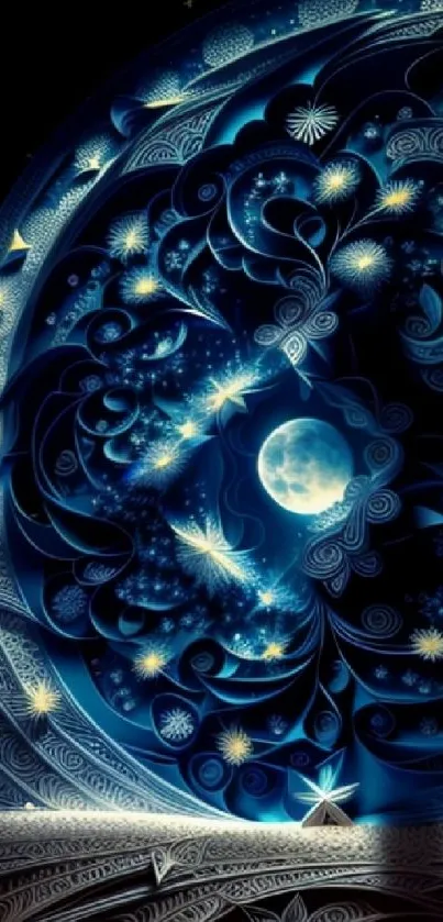 Intricate celestial design with moon and stars in deep blue hues.