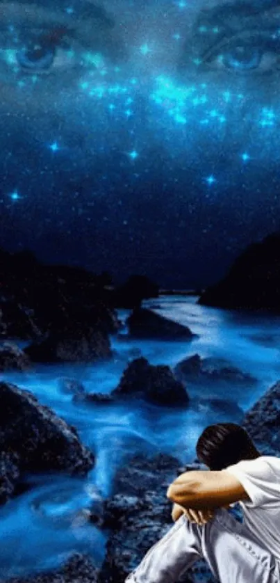 Mystical night sky and ocean wallpaper with celestial theme.