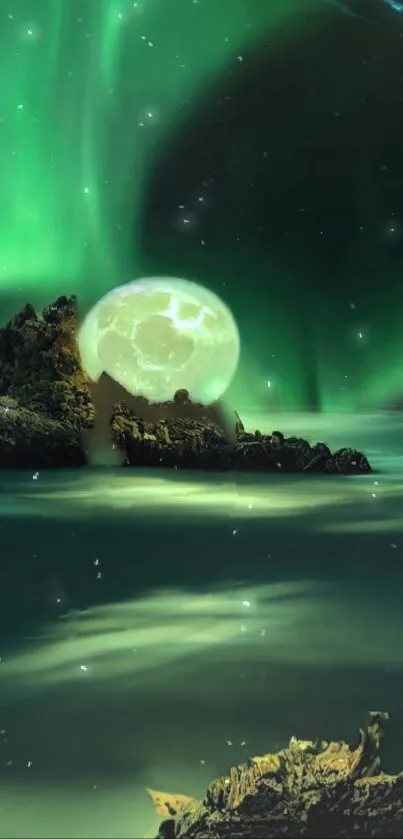 Emerald green aurora with moonlit landscape and tranquil water.