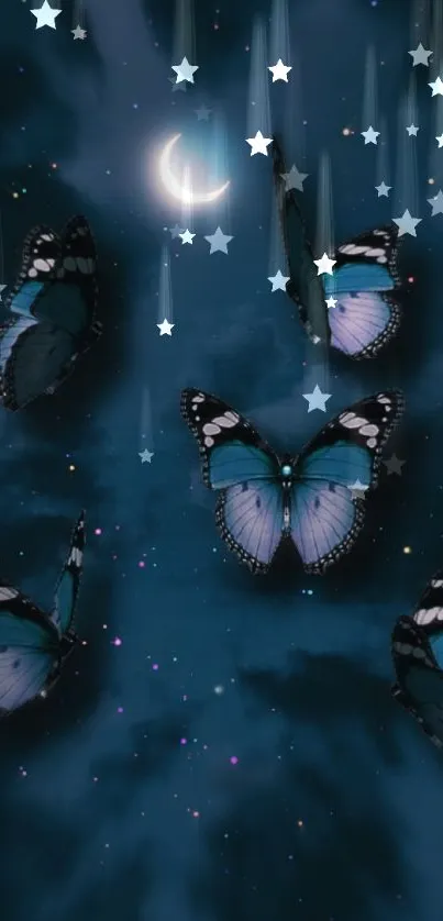 Butterflies flutter under a crescent moon in a starry night sky.