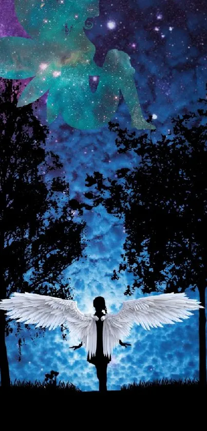 Mystical angel silhouette with night sky and fairy.