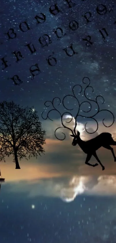 Mystical night sky with deer silhouette and celestial accents.